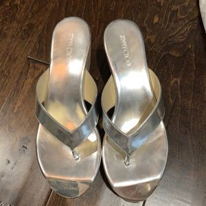 Jimmy Choo silver thong wedge 38